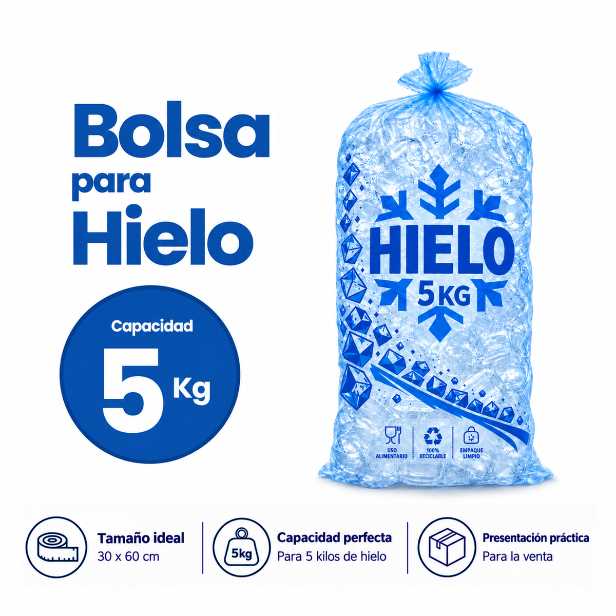 Bulto 25 kg de Bolsas para Hielo Impresa para 5 kg medida 30x60 Cm (Envio gratis)